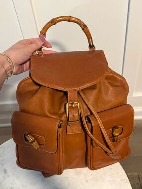 VINTAGE Gucci Brown Bamboo-Handle Leather Backpack